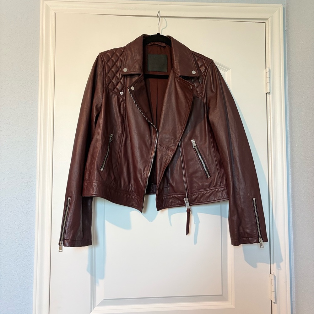 AllSaints Women's Burgundy Leather Biker Jacket